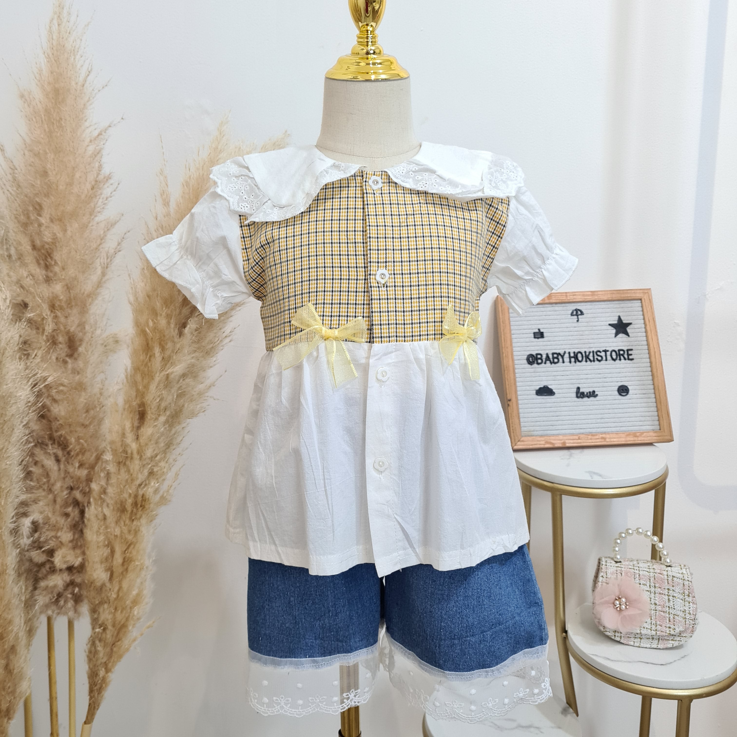 [001432] - Setelan Blouse Celana Pendek Jeans Denim Anak Perempuan - Motif Transparent Lace
