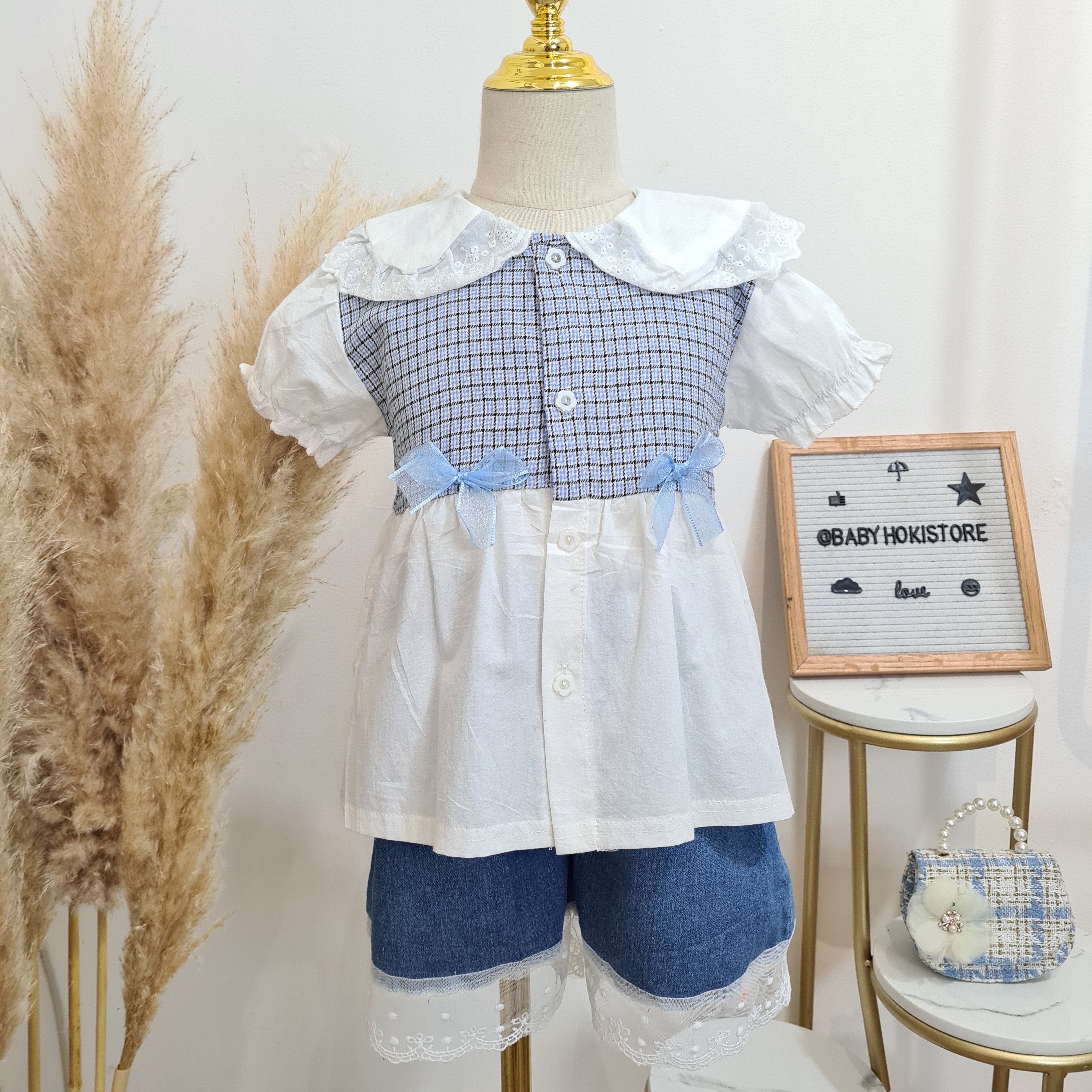 [001432] - Setelan Blouse Celana Pendek Jeans Denim Anak Perempuan - Motif Transparent Lace