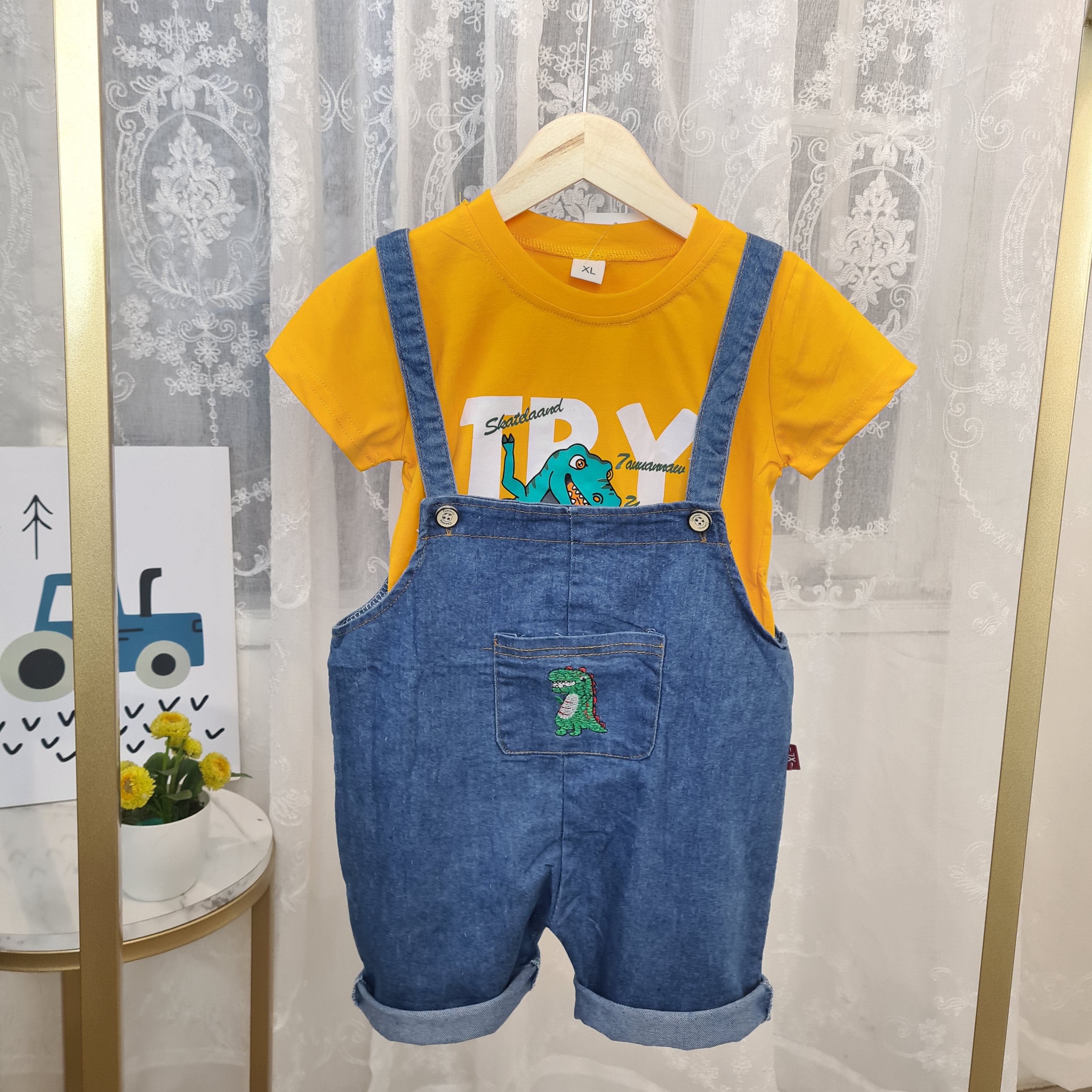 [001435] - Setelan Kaos Overall Jeans Kodok Anak Laki-Laki - Motif Dino Skateboards