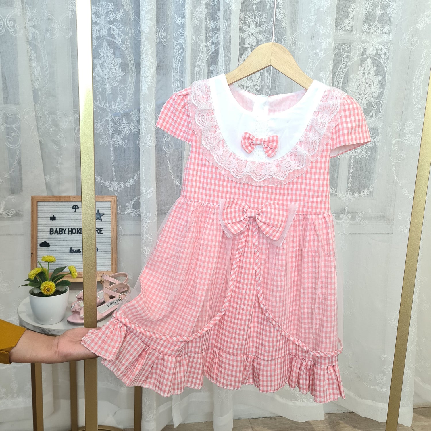 [001443] - Dress Renda Lengan Pendek Anak Perempuan - Motif Square Lace