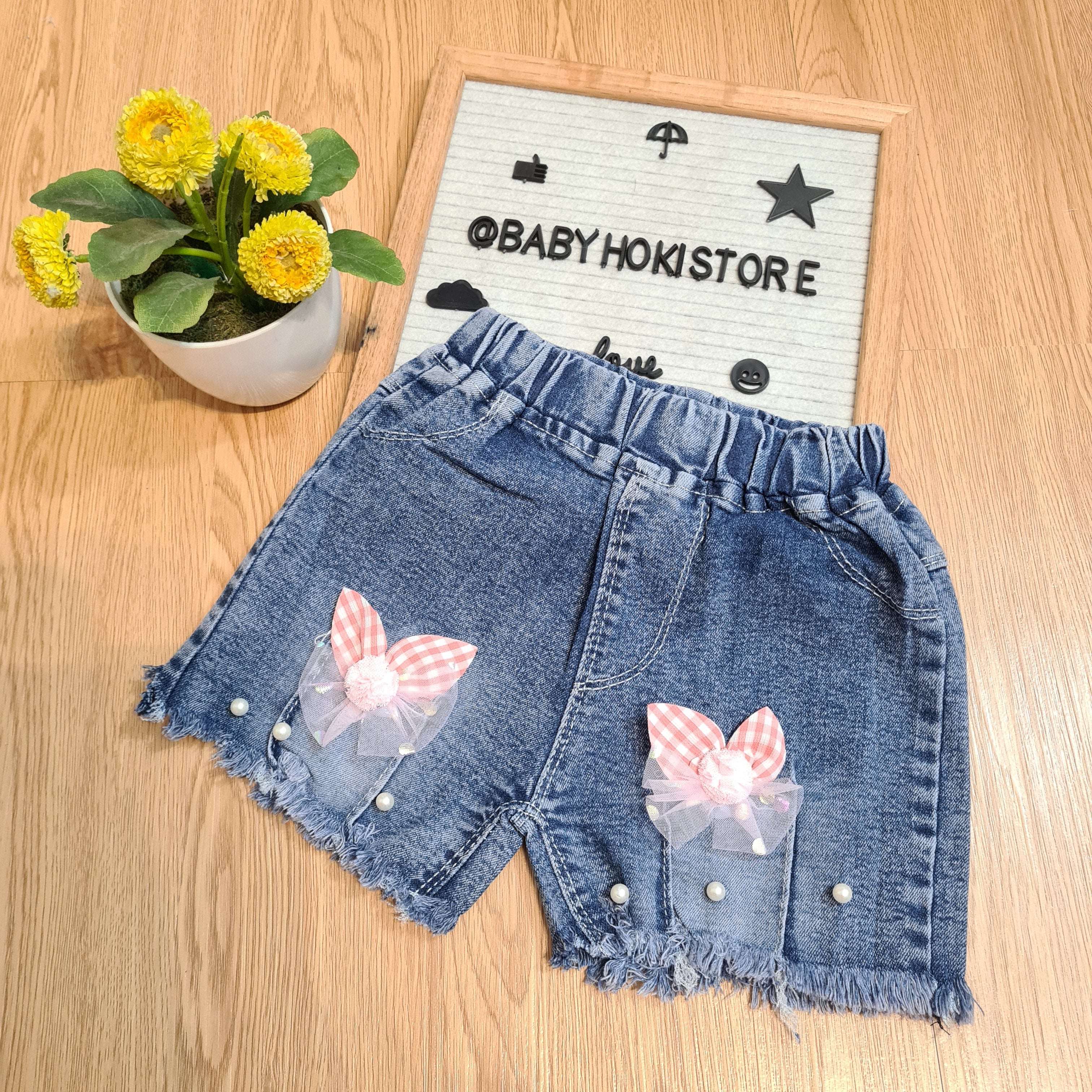 [001449] - Celana Hotpants Pendek Jeans Rawis Anak Perempuan - Motif Accent Pearl