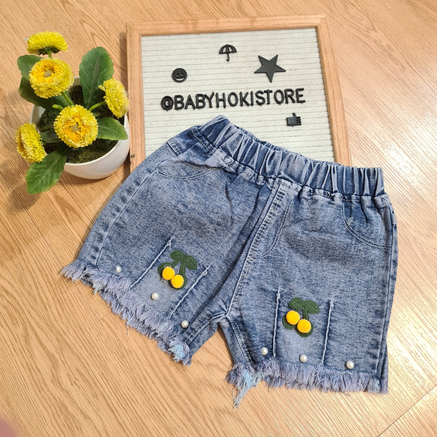[001449-B] - Celana Hotpants Pendek Jeans Rawis Anak Perempuan - Motif Accent Pearl