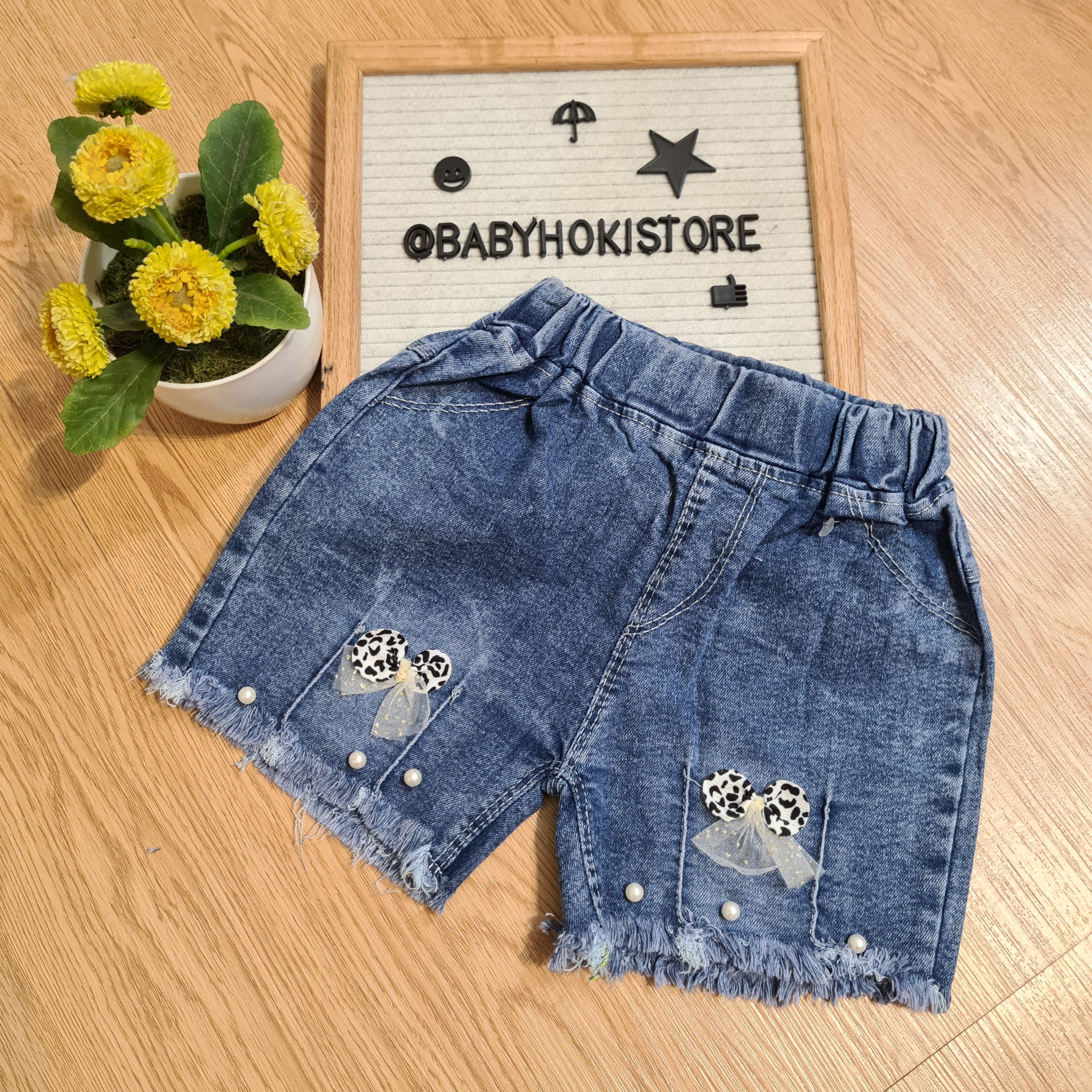 [001449-B] - Celana Hotpants Pendek Jeans Rawis Anak Perempuan - Motif Accent Pearl