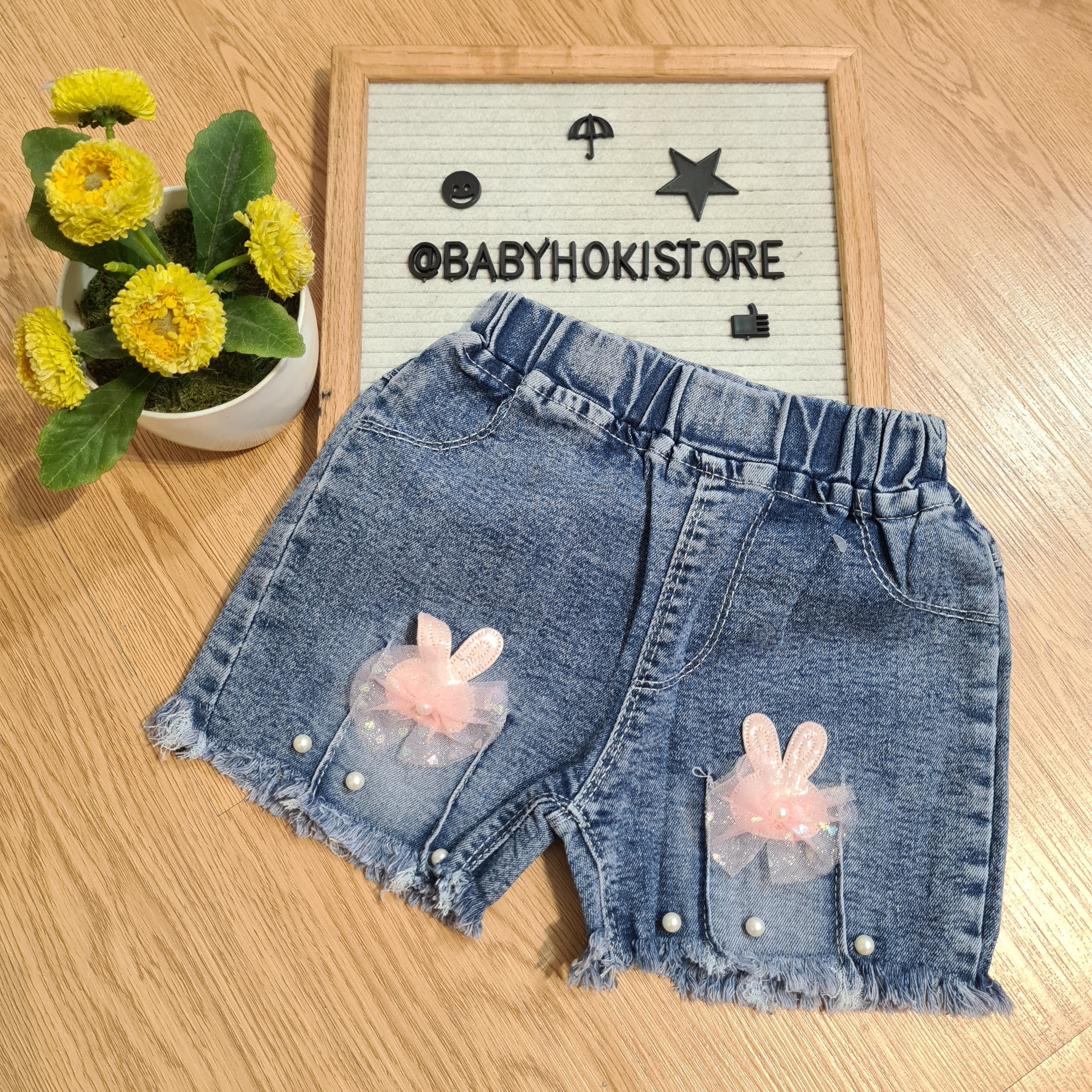 [001449-B] - Celana Hotpants Pendek Jeans Rawis Anak Perempuan - Motif Accent Pearl