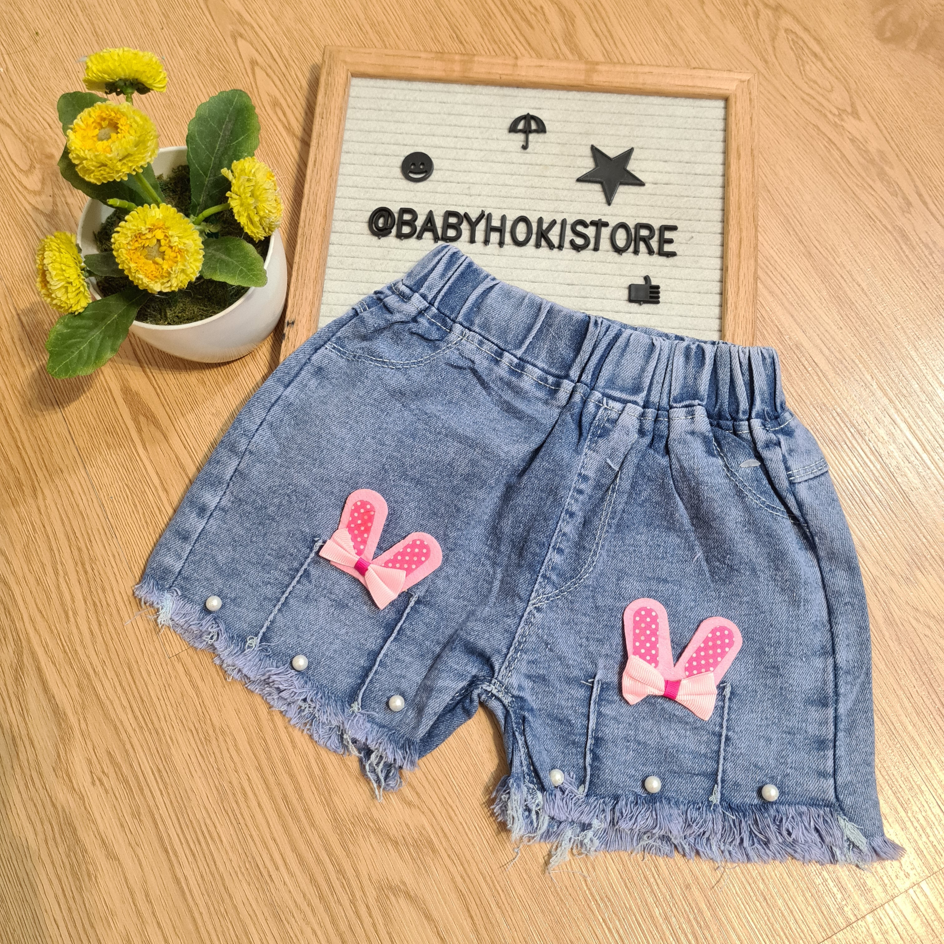 [001449-B] - Celana Hotpants Pendek Jeans Rawis Anak Perempuan - Motif Accent Pearl