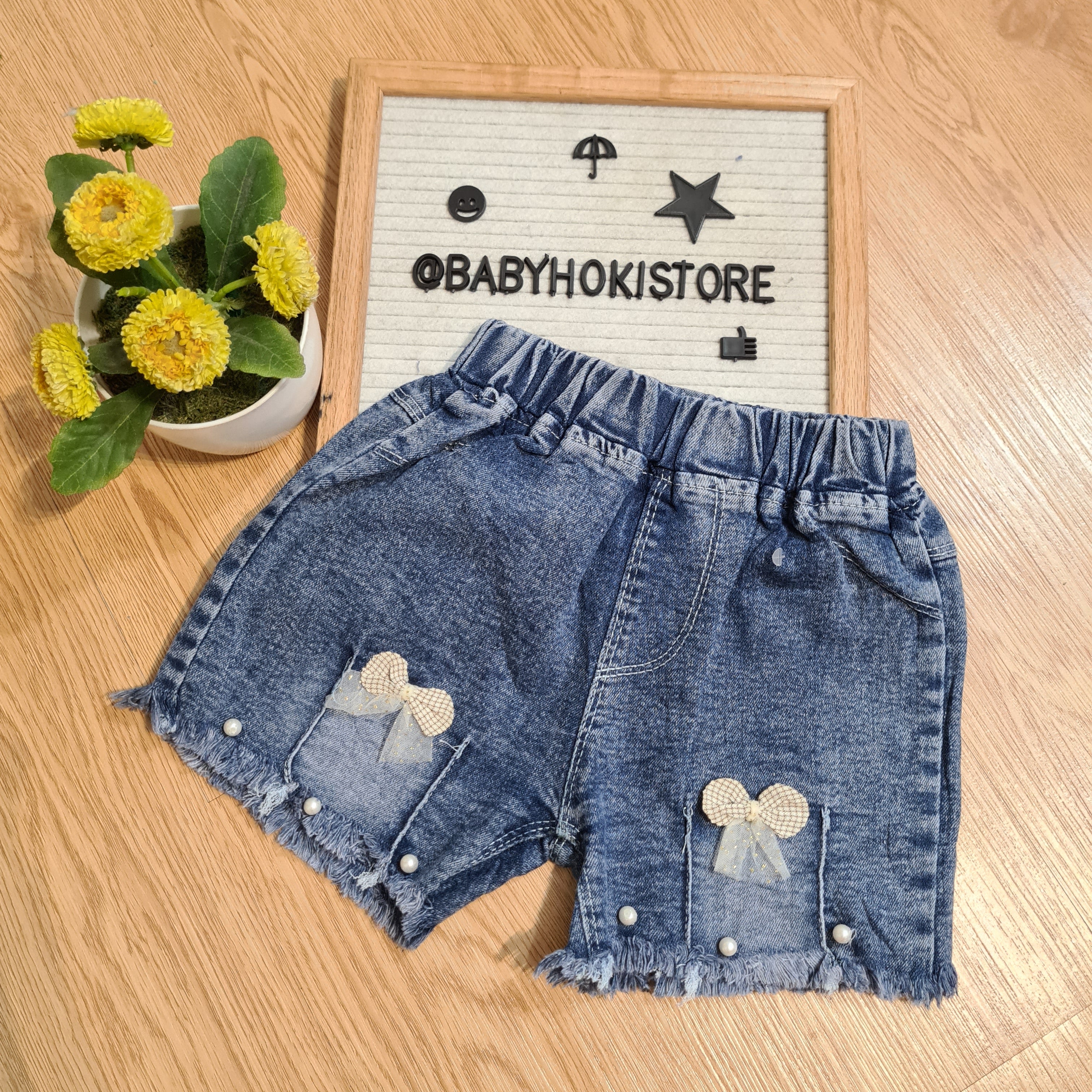 [001449-B] - Celana Hotpants Pendek Jeans Rawis Anak Perempuan - Motif Accent Pearl