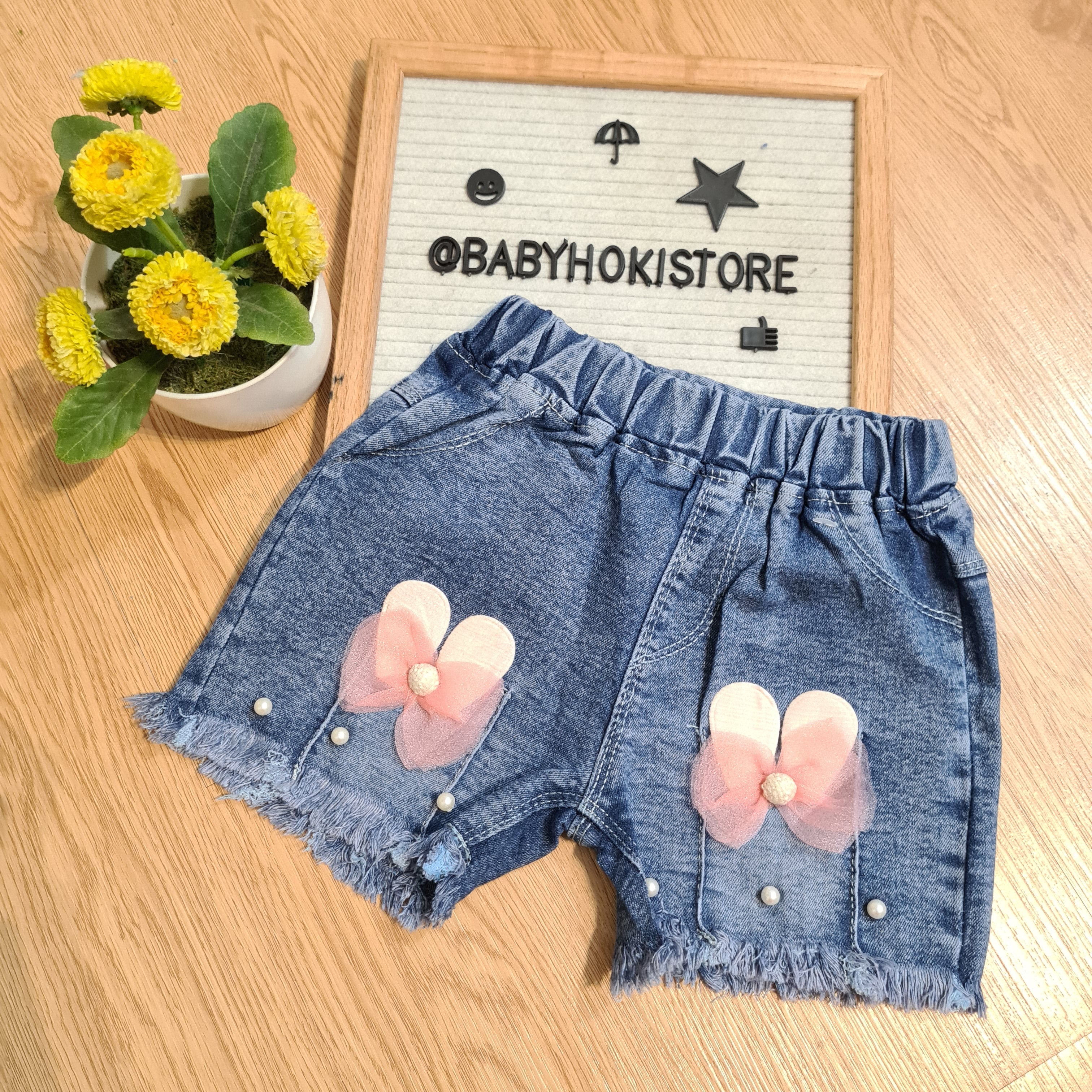 [001449-B] - Celana Hotpants Pendek Jeans Rawis Anak Perempuan - Motif Accent Pearl