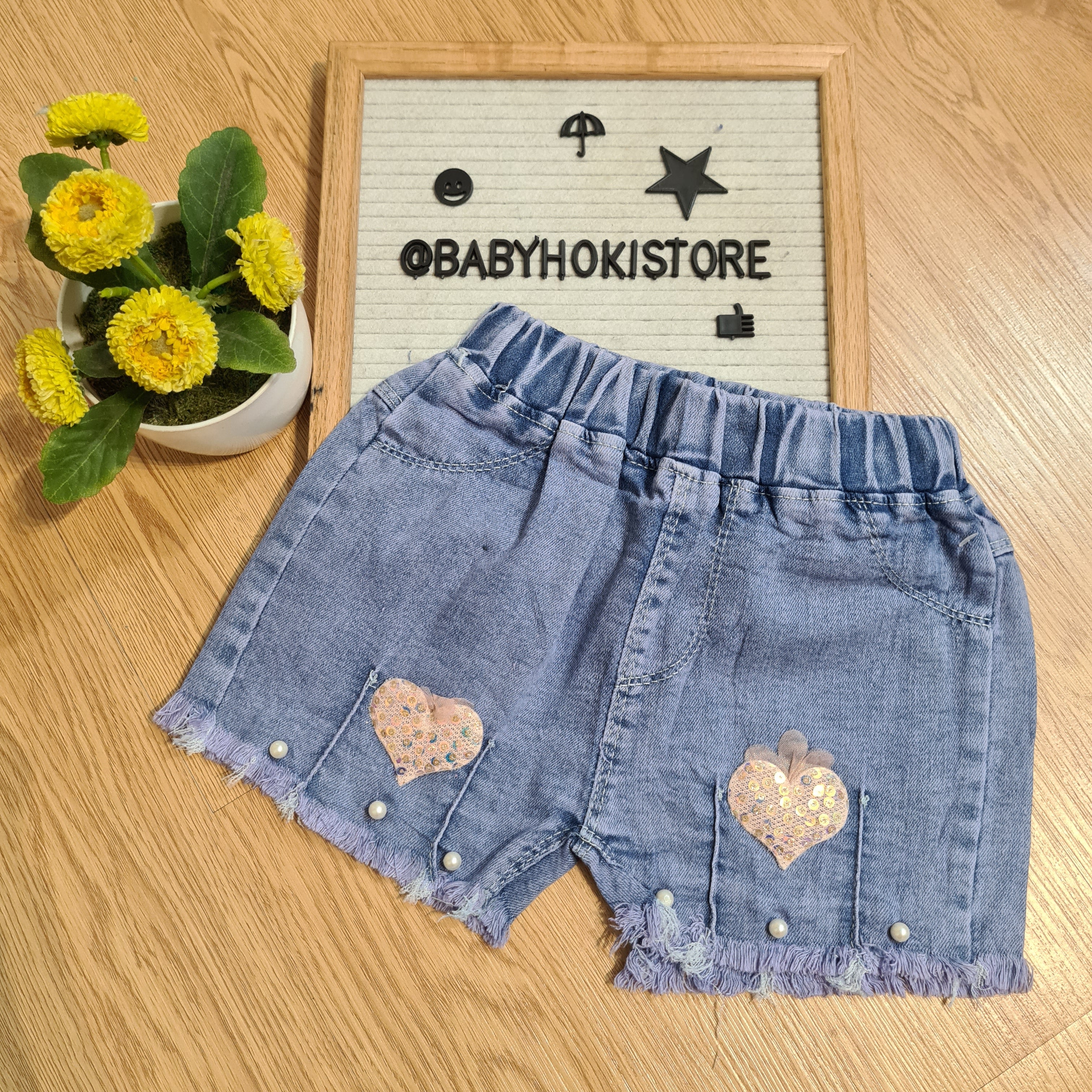 [001449-B] - Celana Hotpants Pendek Jeans Rawis Anak Perempuan - Motif Accent Pearl