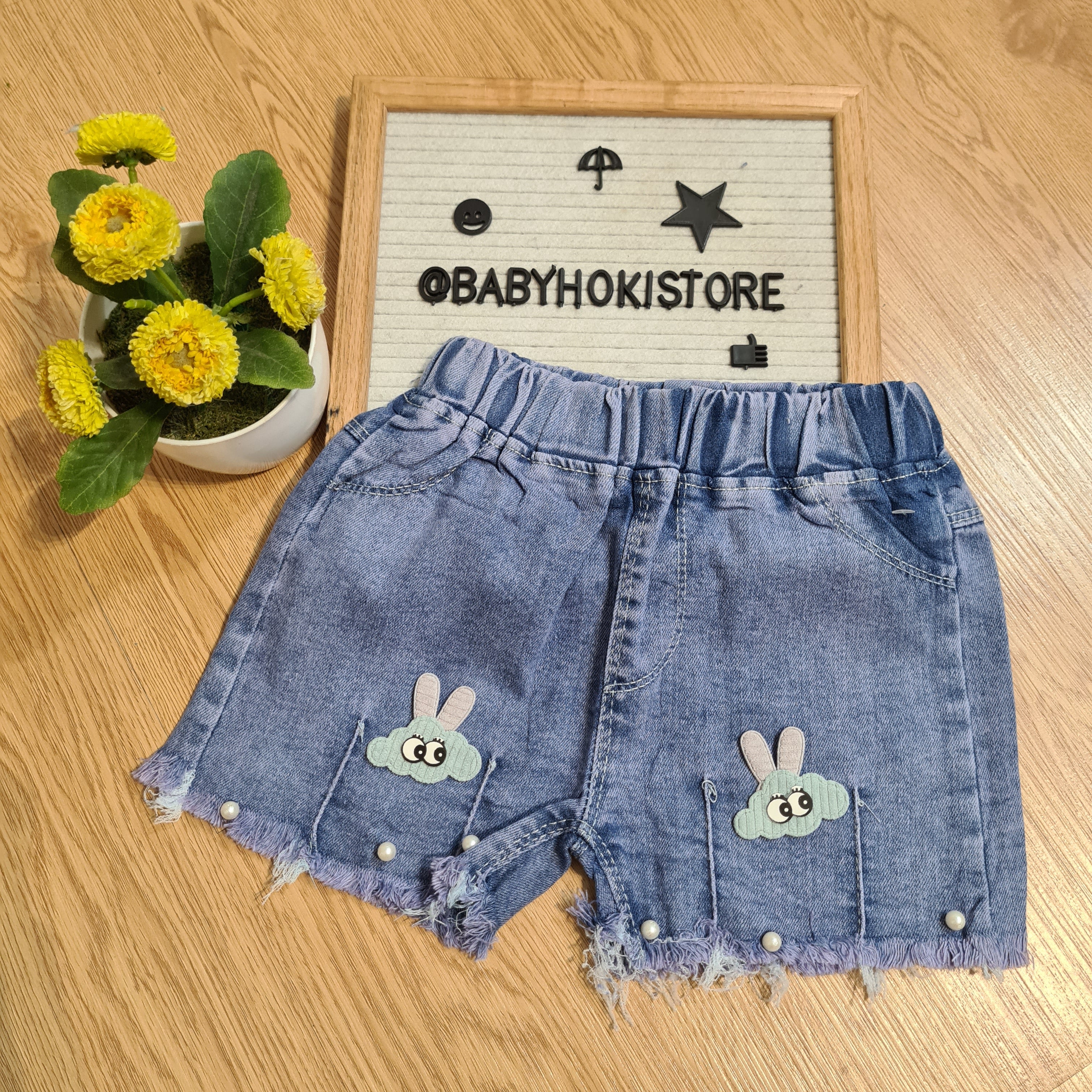 [001449-B] - Celana Hotpants Pendek Jeans Rawis Anak Perempuan - Motif Accent Pearl