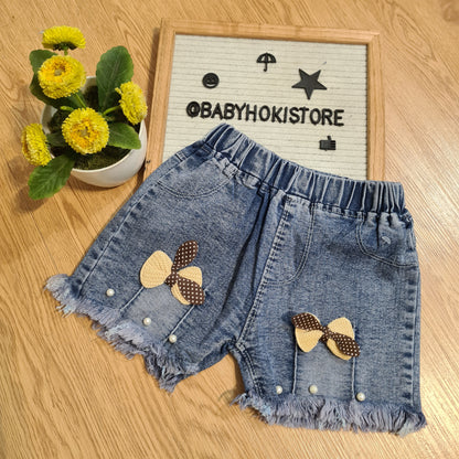 [001449-B] - Celana Hotpants Pendek Jeans Rawis Anak Perempuan - Motif Accent Pearl