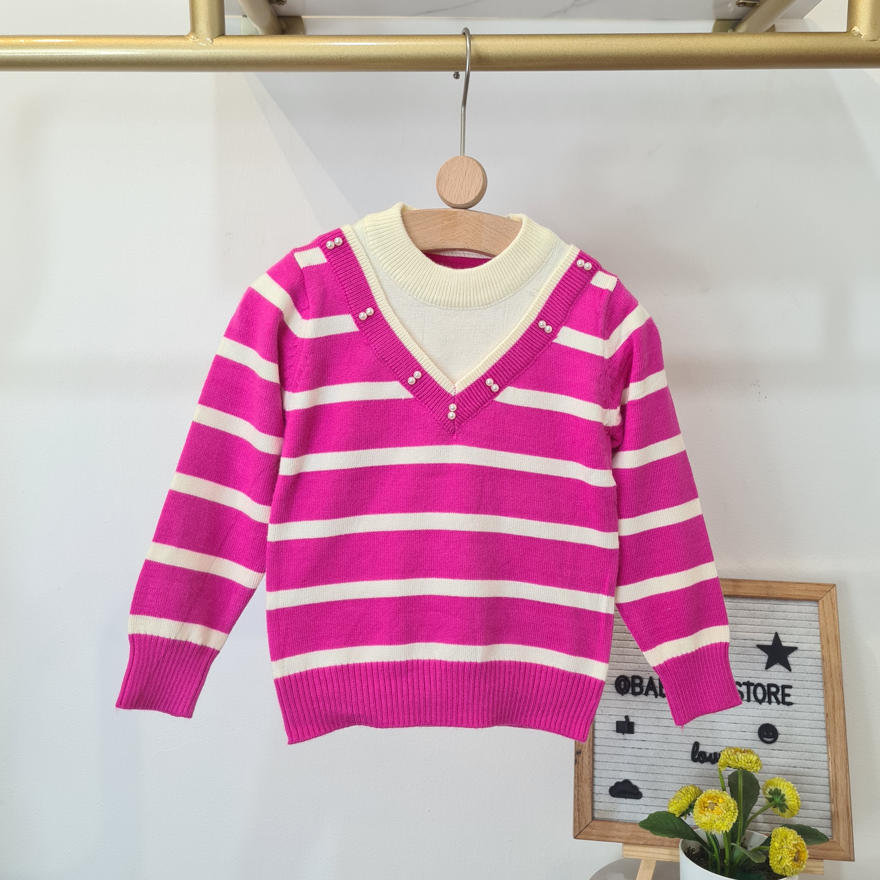 [001463] - Atasan Sweater Rajut Lengan Panjang Anak Perempuan - Motif Mixed Stripes