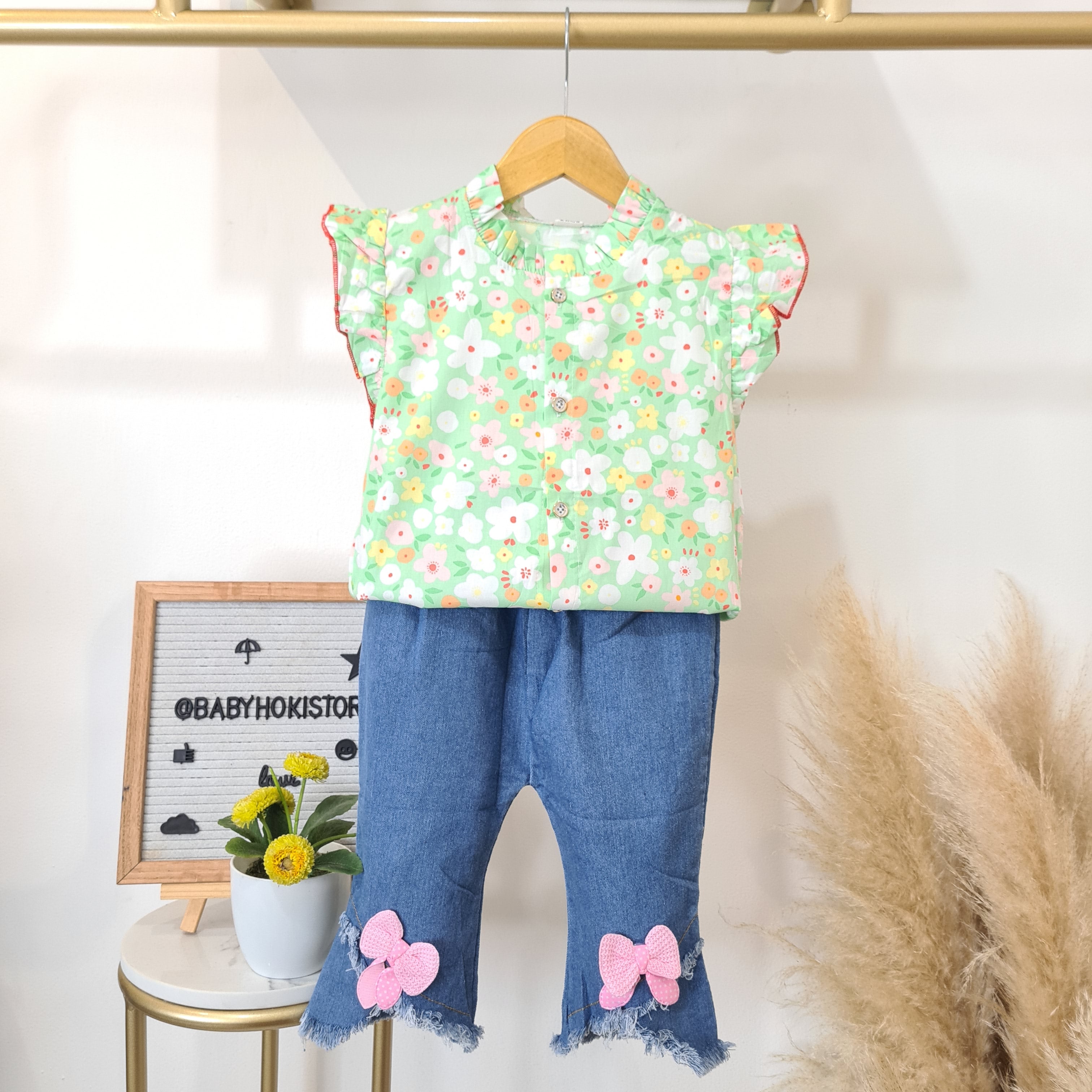 [001458] - Setelan Blouse Kutung Celana Jeans Denim Anak Perempuan - Motif Flower