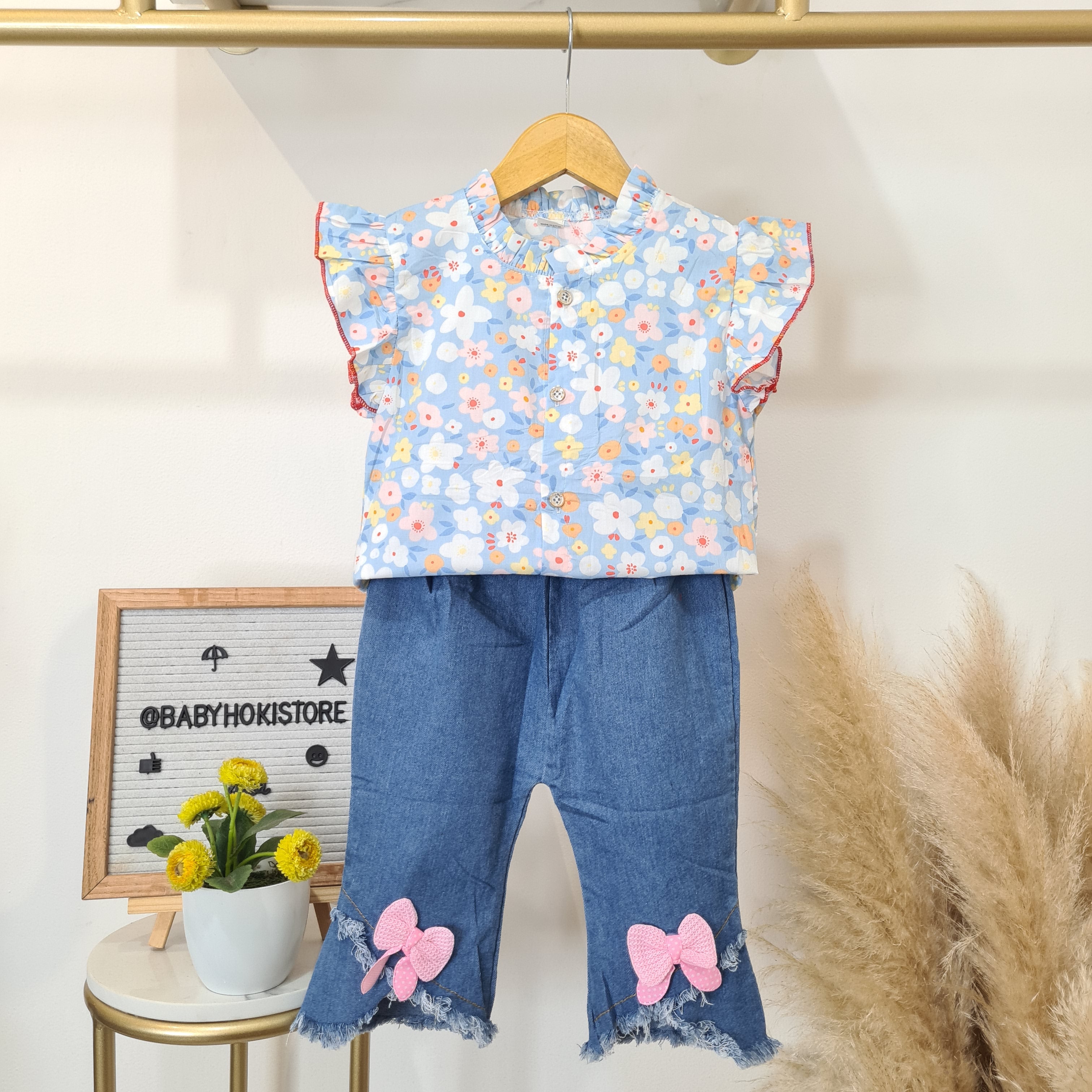 [001458] - Setelan Blouse Kutung Celana Jeans Denim Anak Perempuan - Motif Flower