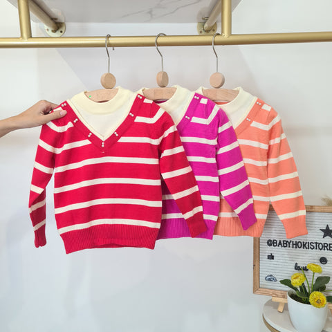 [001463] - Atasan Sweater Rajut Lengan Panjang Anak Perempuan - Motif Mixed Stripes