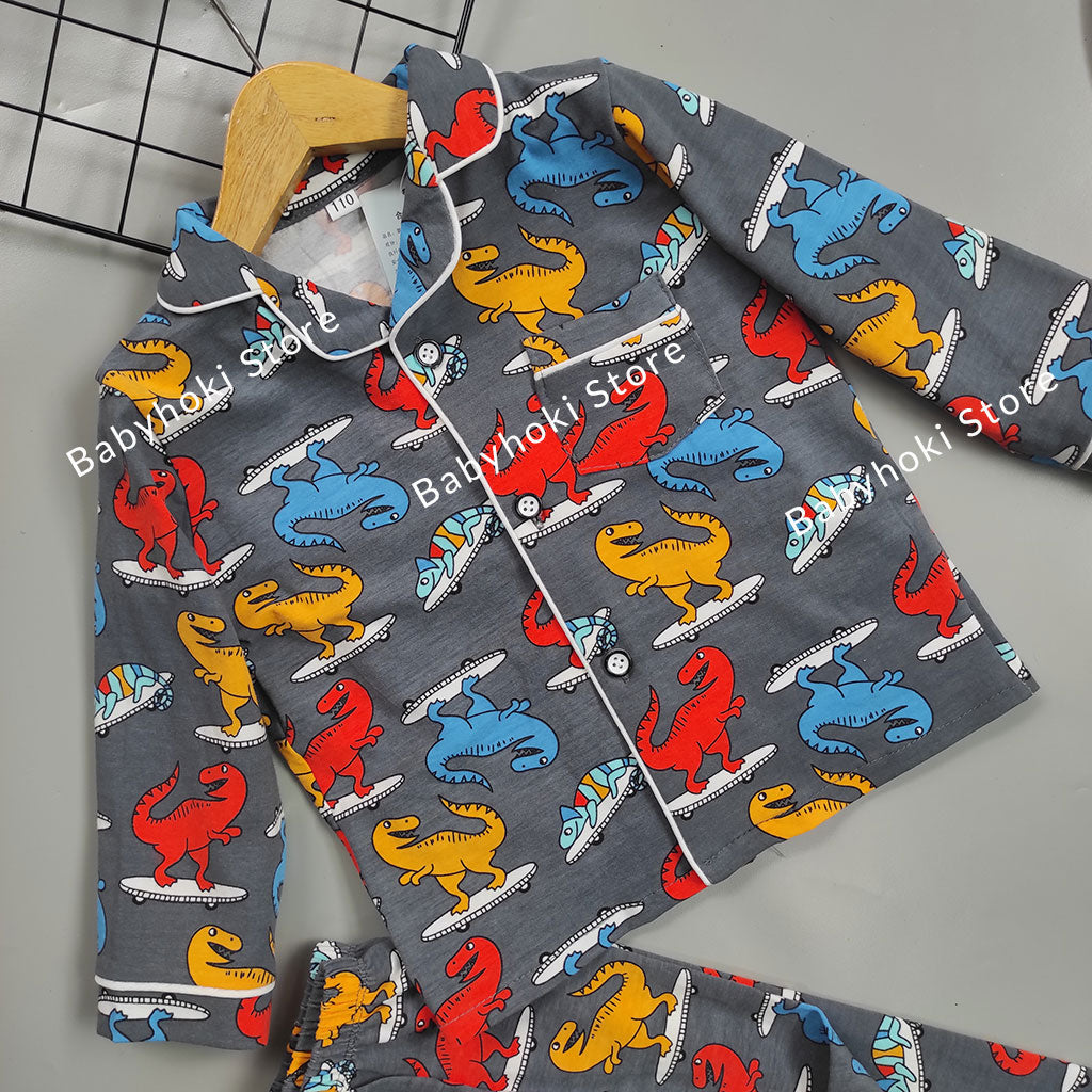 [225591] - Piyama Anak / Setelan Tidur Anak / Baju Tidur Anak - Motif Surfing Dinosaurs