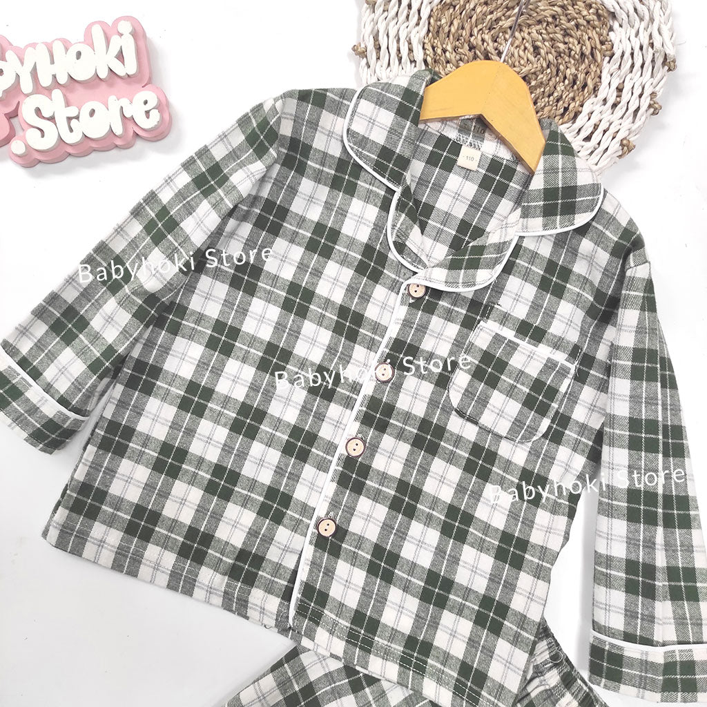 [225652-GREEN] - Baju Piyama Anak Import / Setelan Tidur Anak - Motif Tattersall Box