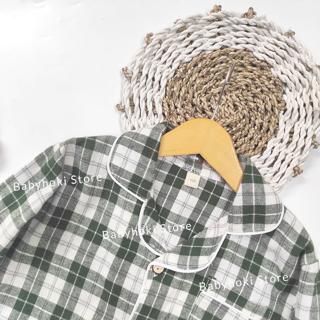 [225652-GREEN] - Baju Piyama Anak / Setelan Tidur Anak - Motif Tattersall Box