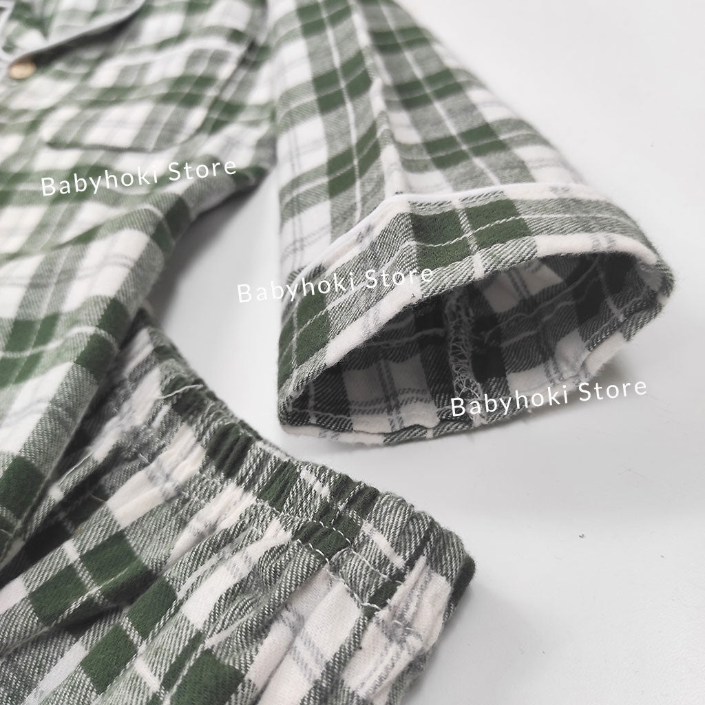 [225652-GREEN] - Baju Piyama Anak / Setelan Tidur Anak - Motif Tattersall Box