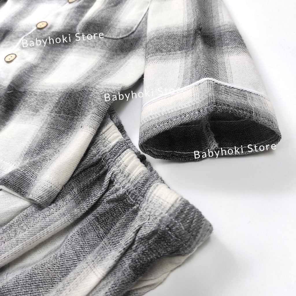 [225653-BLACK WHITE] - Baju Piyama Anak Import / Setelan Tidur Anak - Motif Tartan Style