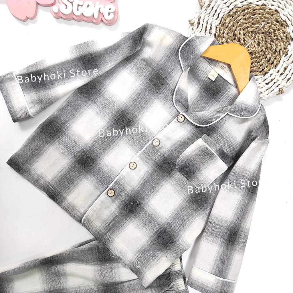 [225653-BLACK WHITE] - Baju Piyama Anak / Setelan Tidur Anak - Motif Tartan Style