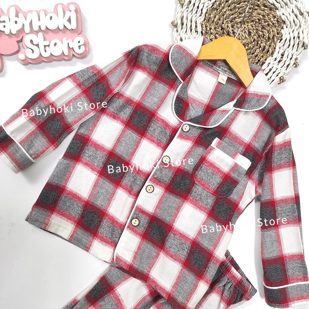 [225653-RED BLACK] - Baju Piyama Anak / Setelan Tidur Anak - Motif Tartan Style