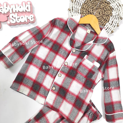 [225653-RED BLACK] - Baju Piyama Anak Import / Setelan Tidur Anak - Motif Tartan Style