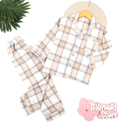 [225653-BEIGE] - Baju Piyama Anak Import / Setelan Tidur Anak - Motif Tartan Style
