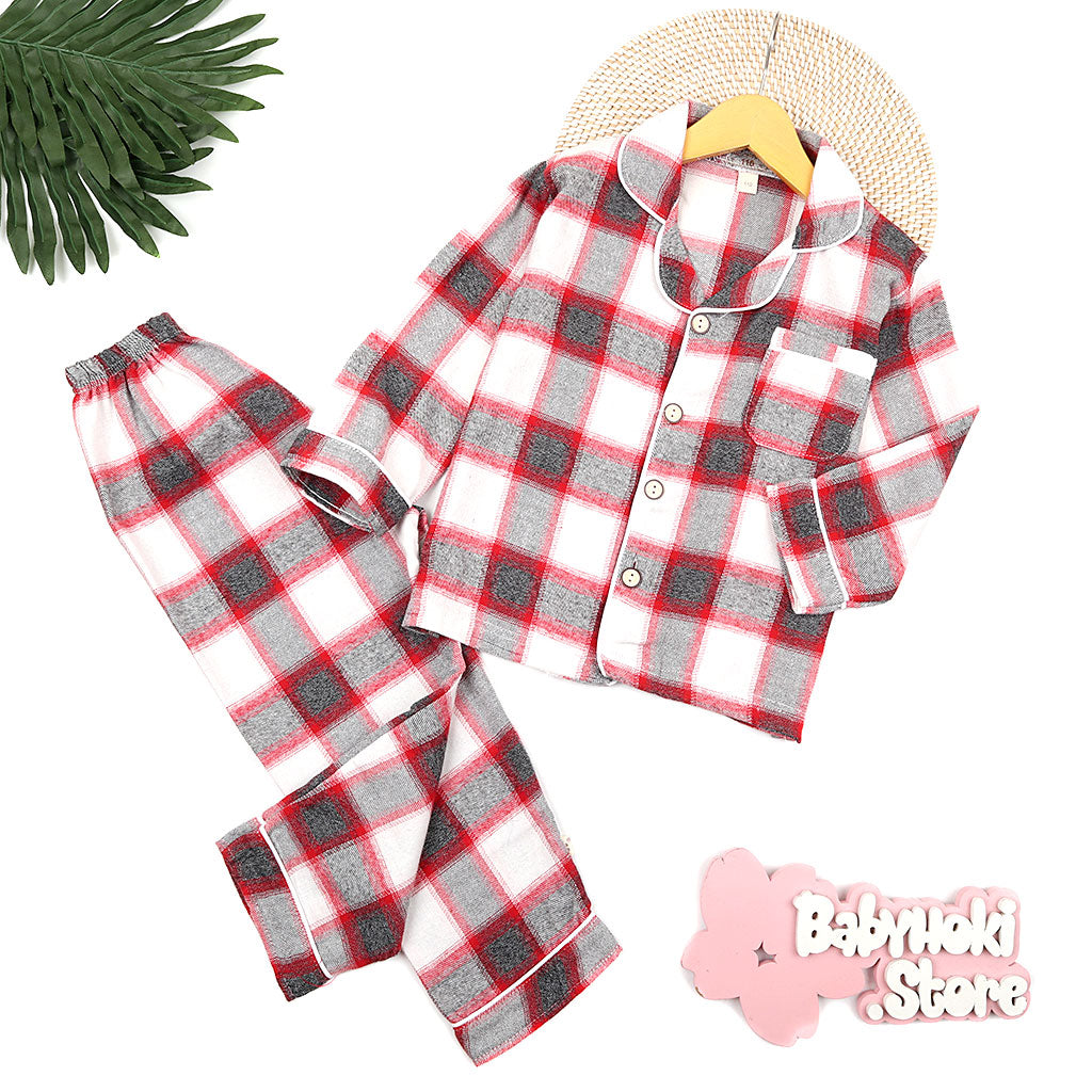 [225653-RED BLACK] - Baju Piyama Anak Import / Setelan Tidur Anak - Motif Tartan Style