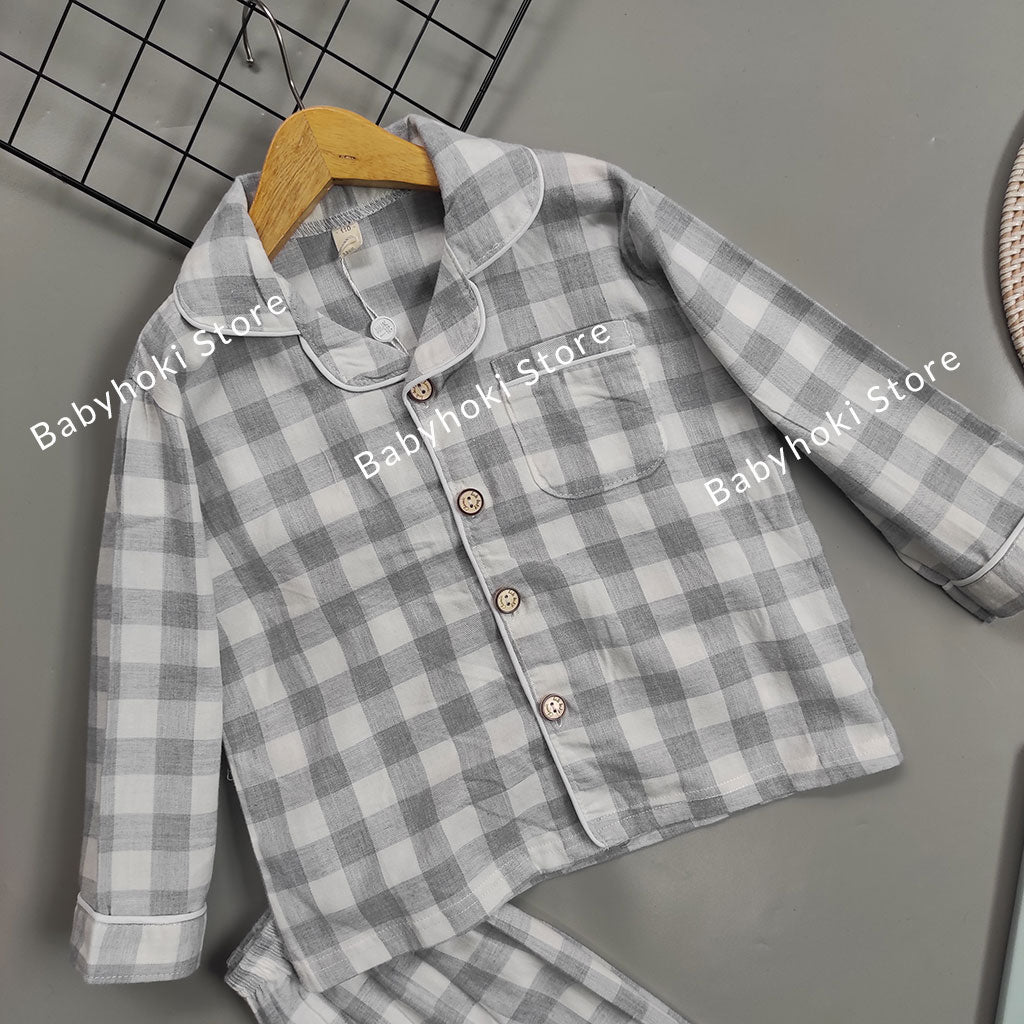 [225654-GRAY] - Baju Piyama Anak / Setelan Tidur Anak - Motif Gingham Style