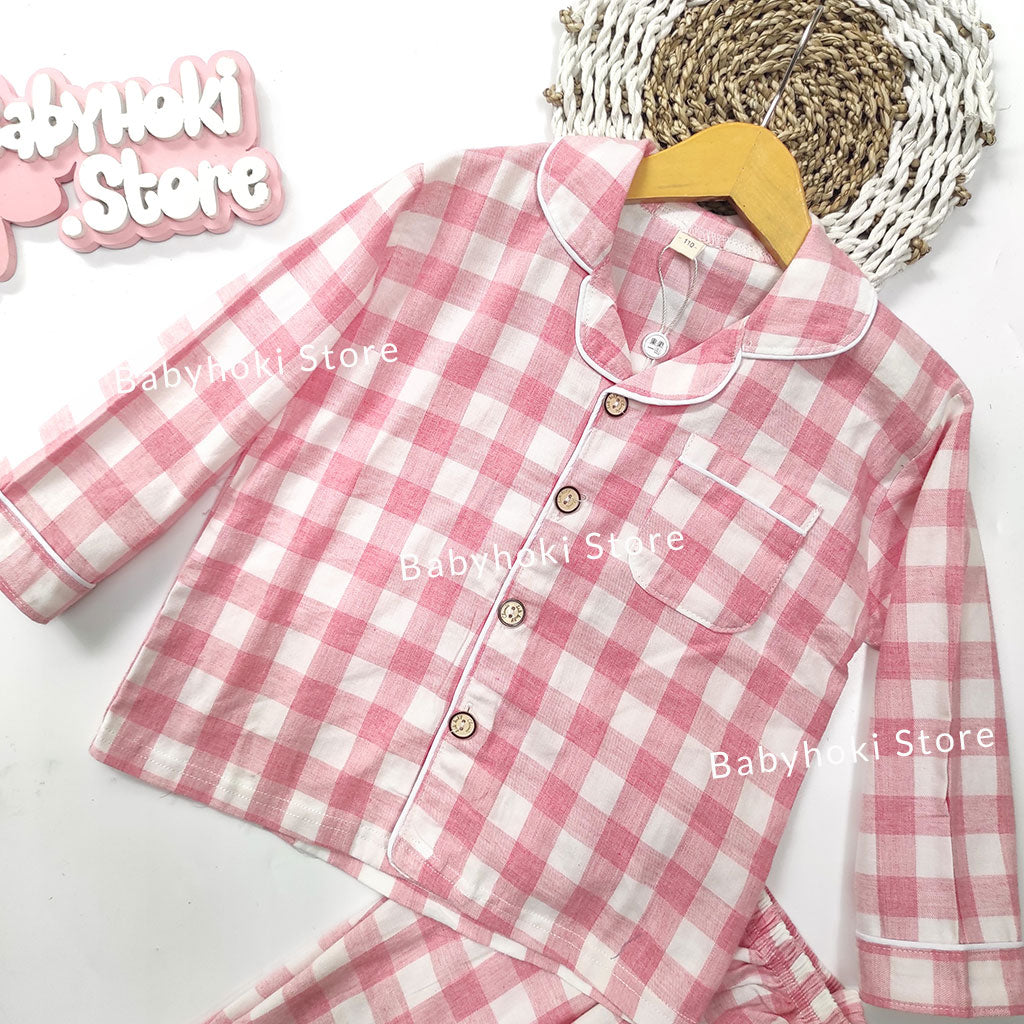 [225654-PINK] - Baju Piyama Anak Import / Setelan Tidur Anak - Motif Gingham Style