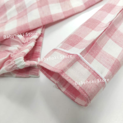 [225654-PINK] - Baju Piyama Anak Import / Setelan Tidur Anak - Motif Gingham Style