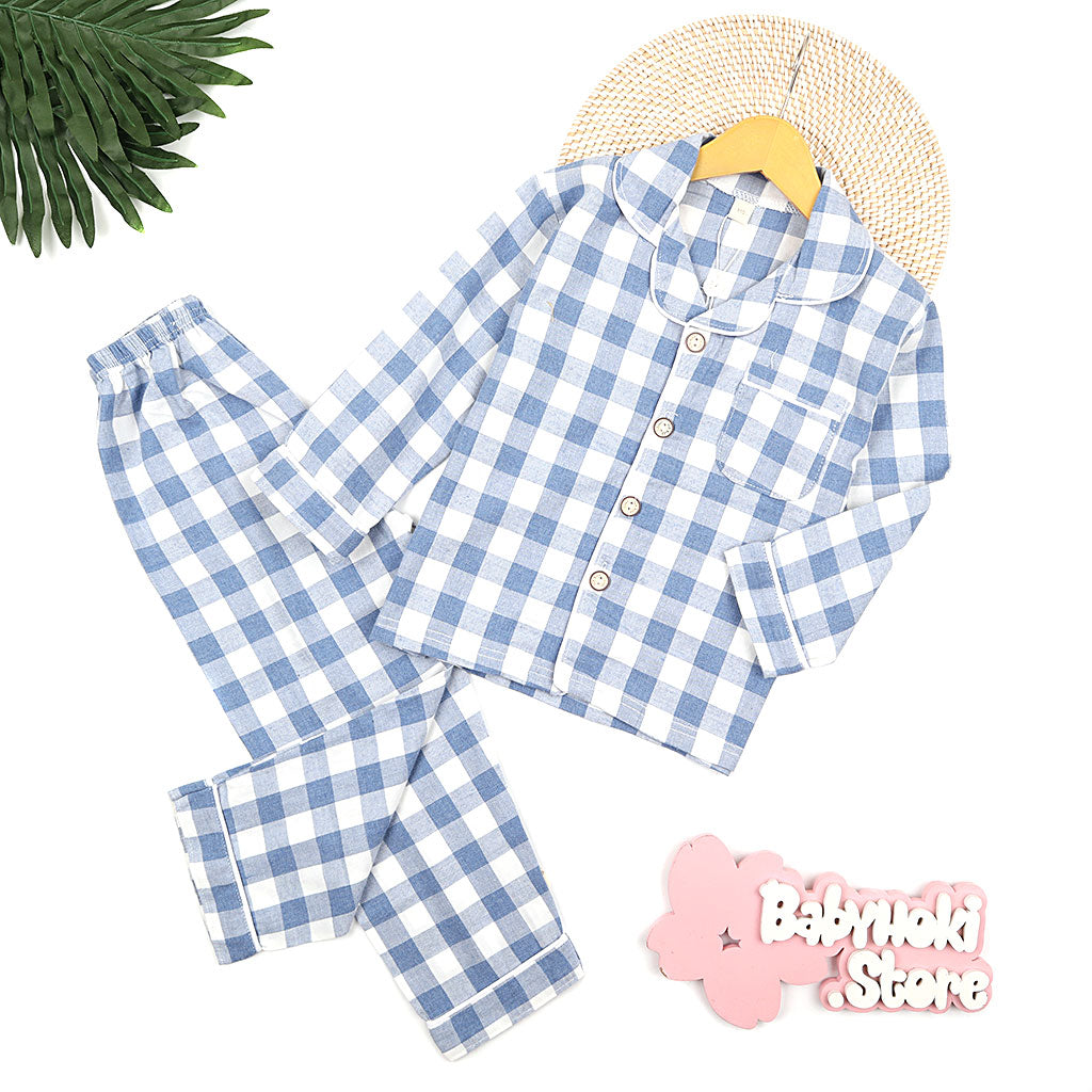 [225654-BLUE] - Baju Piyama Anak Import / Setelan Tidur Anak - Motif Gingham Style