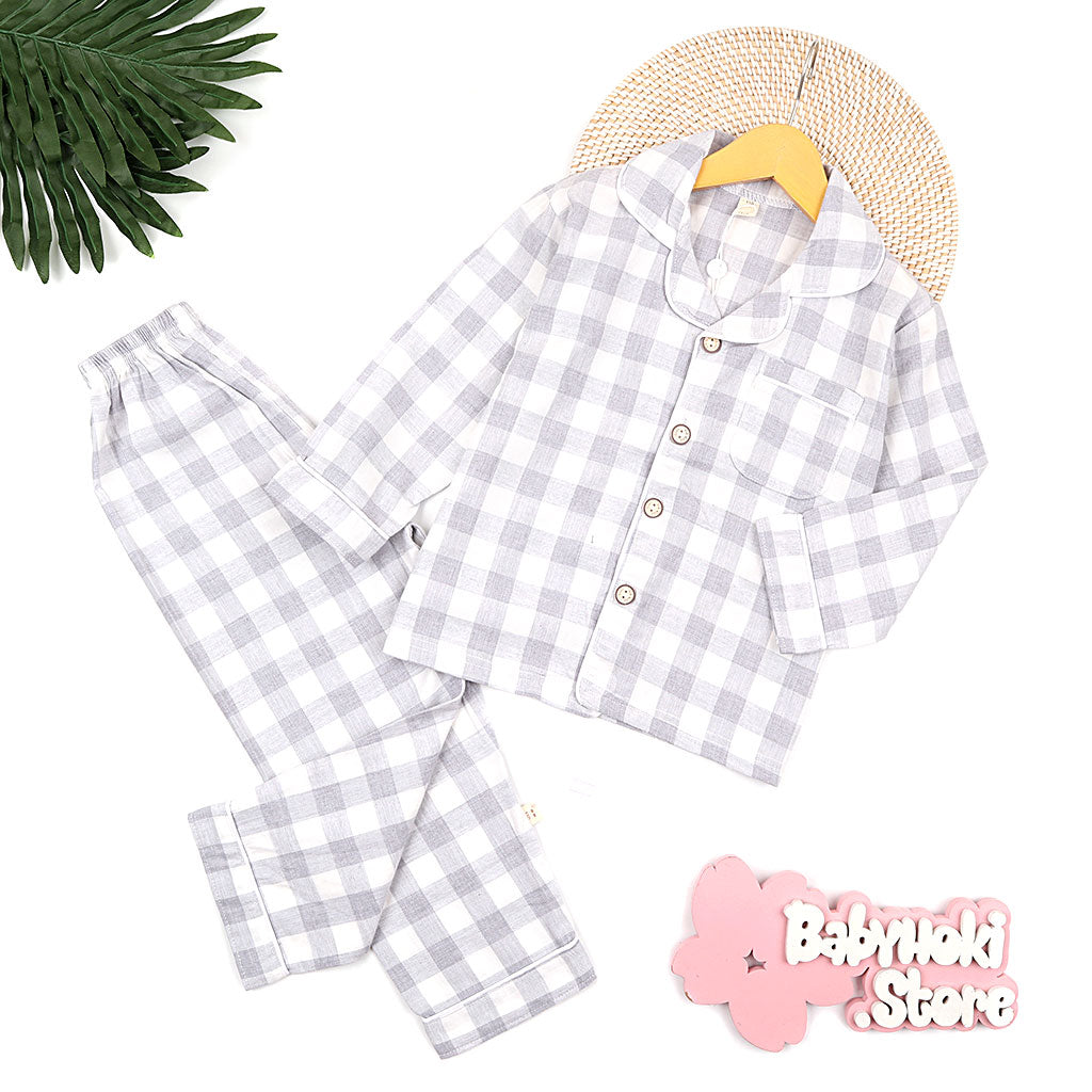 [225654-GRAY] - Baju Piyama Anak Import / Setelan Tidur Anak - Motif Gingham Style