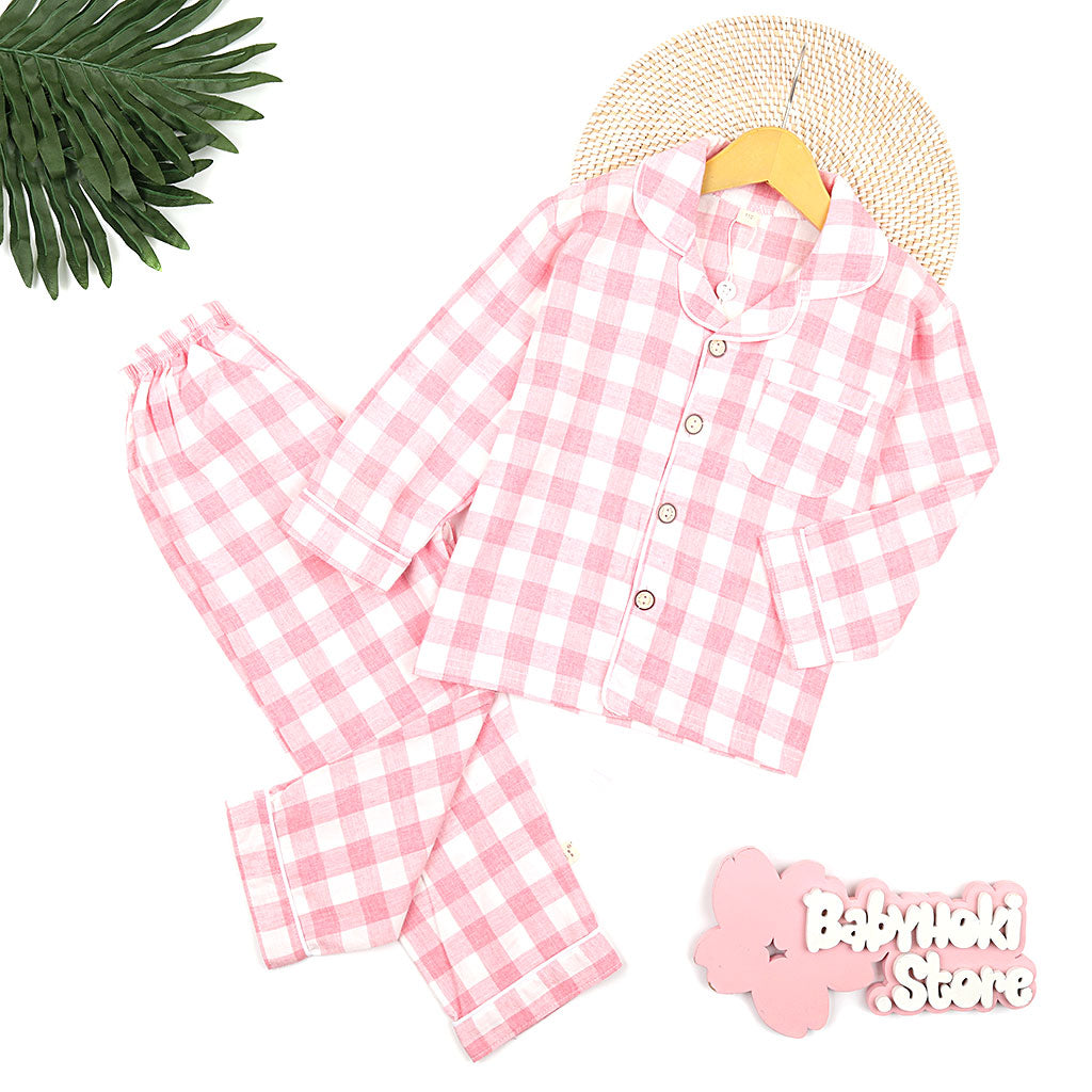 [225654-PINK] - Baju Piyama Anak Import / Setelan Tidur Anak - Motif Gingham Style