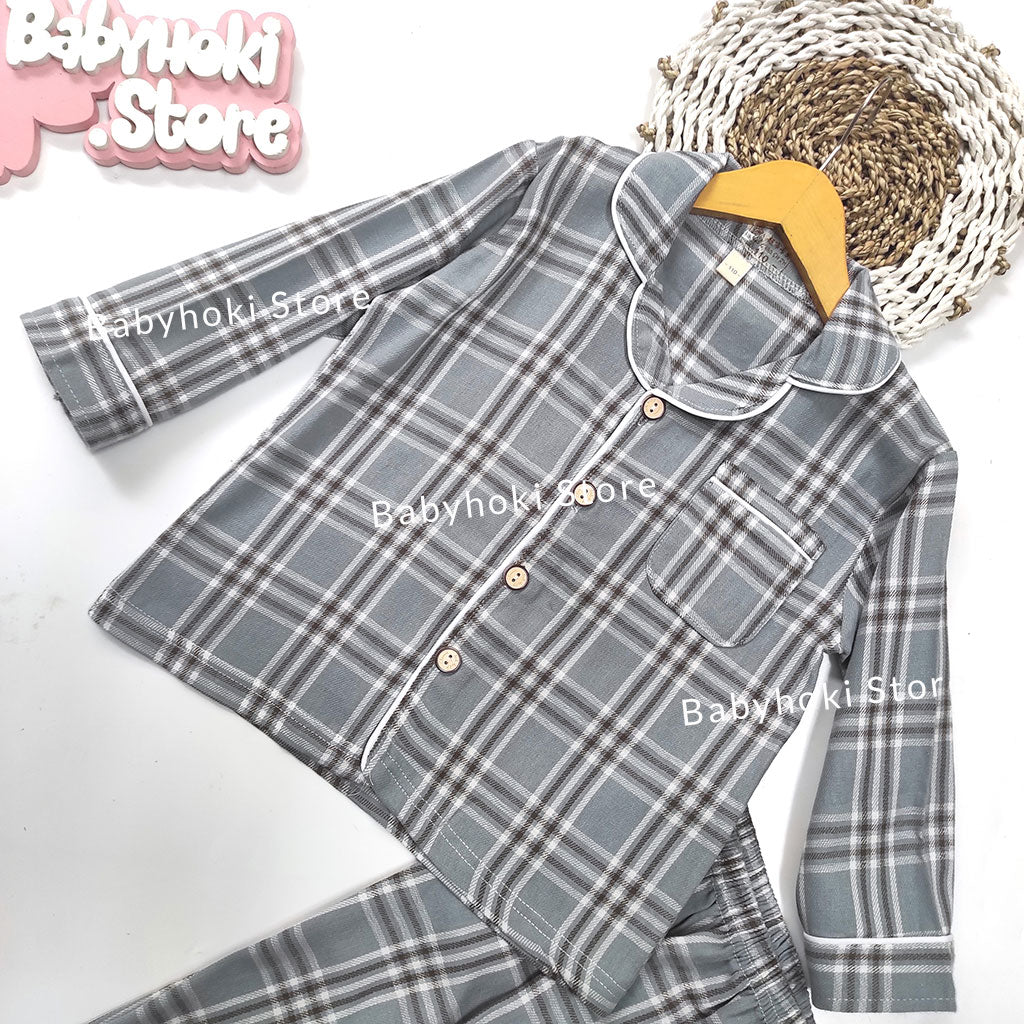 [225655-BLUE GRAY] - Baju Piyama Anak / Setelan Tidur Anak - Motif Tartan Plaid