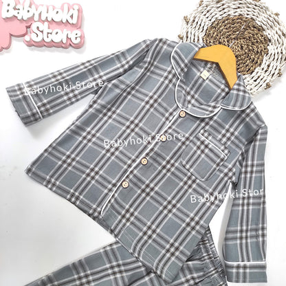 [225655-BLUE GRAY] - Baju Piyama Anak Import / Setelan Tidur Anak - Motif Tartan Plaid