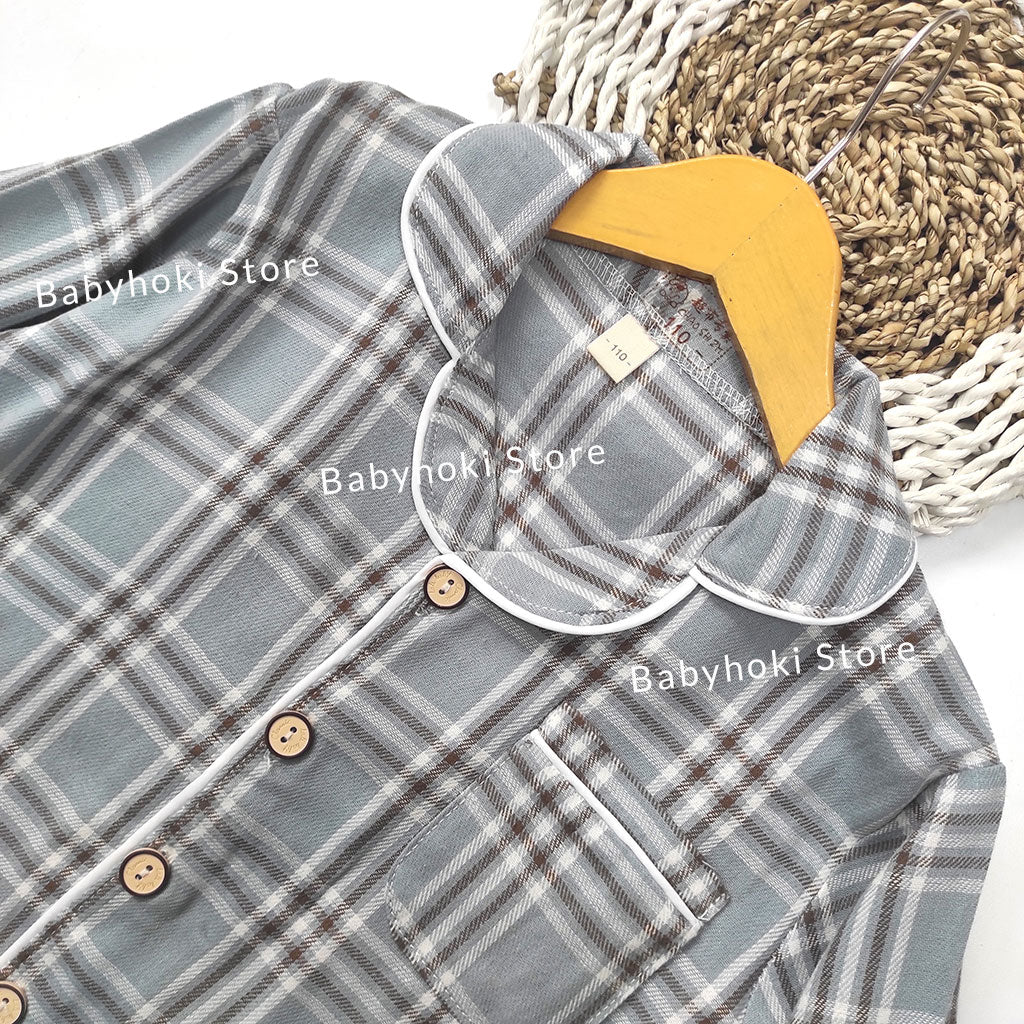 [225655-BLUE GRAY] - Baju Piyama Anak Import / Setelan Tidur Anak - Motif Tartan Plaid