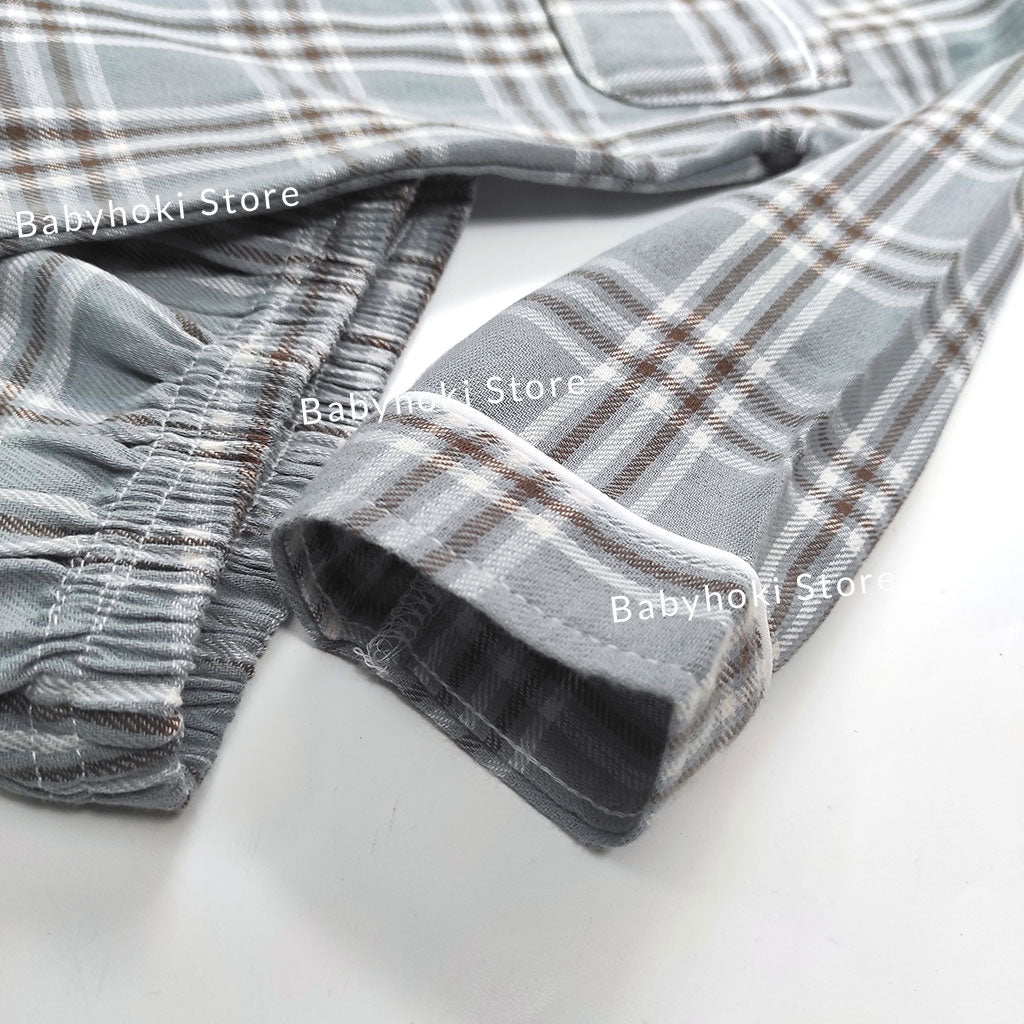 [225655-BLUE GRAY] - Baju Piyama Anak / Setelan Tidur Anak - Motif Tartan Plaid