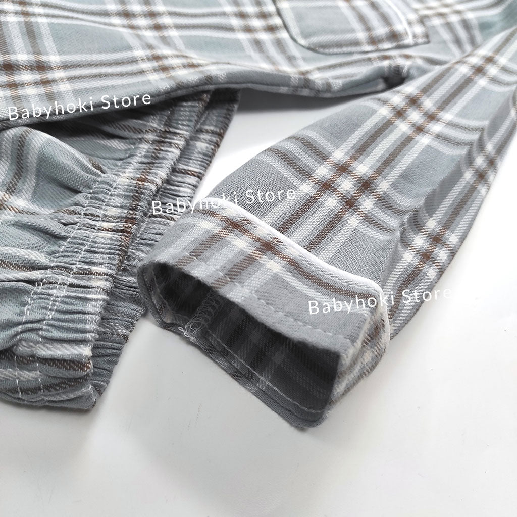 [225655-BLUE GRAY] - Baju Piyama Anak Import / Setelan Tidur Anak - Motif Tartan Plaid