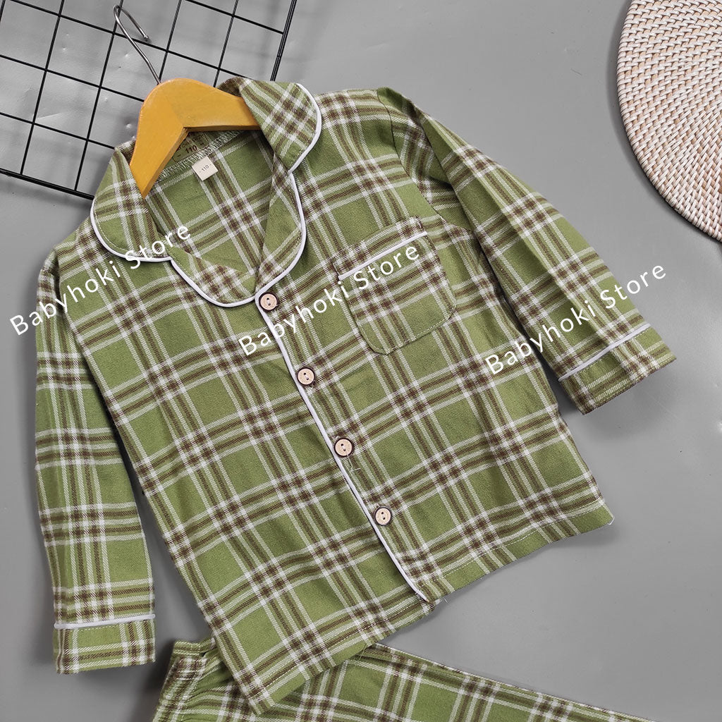 [225655-GREEN] - Baju Piyama Anak / Setelan Tidur Anak - Motif Tartan Plaid