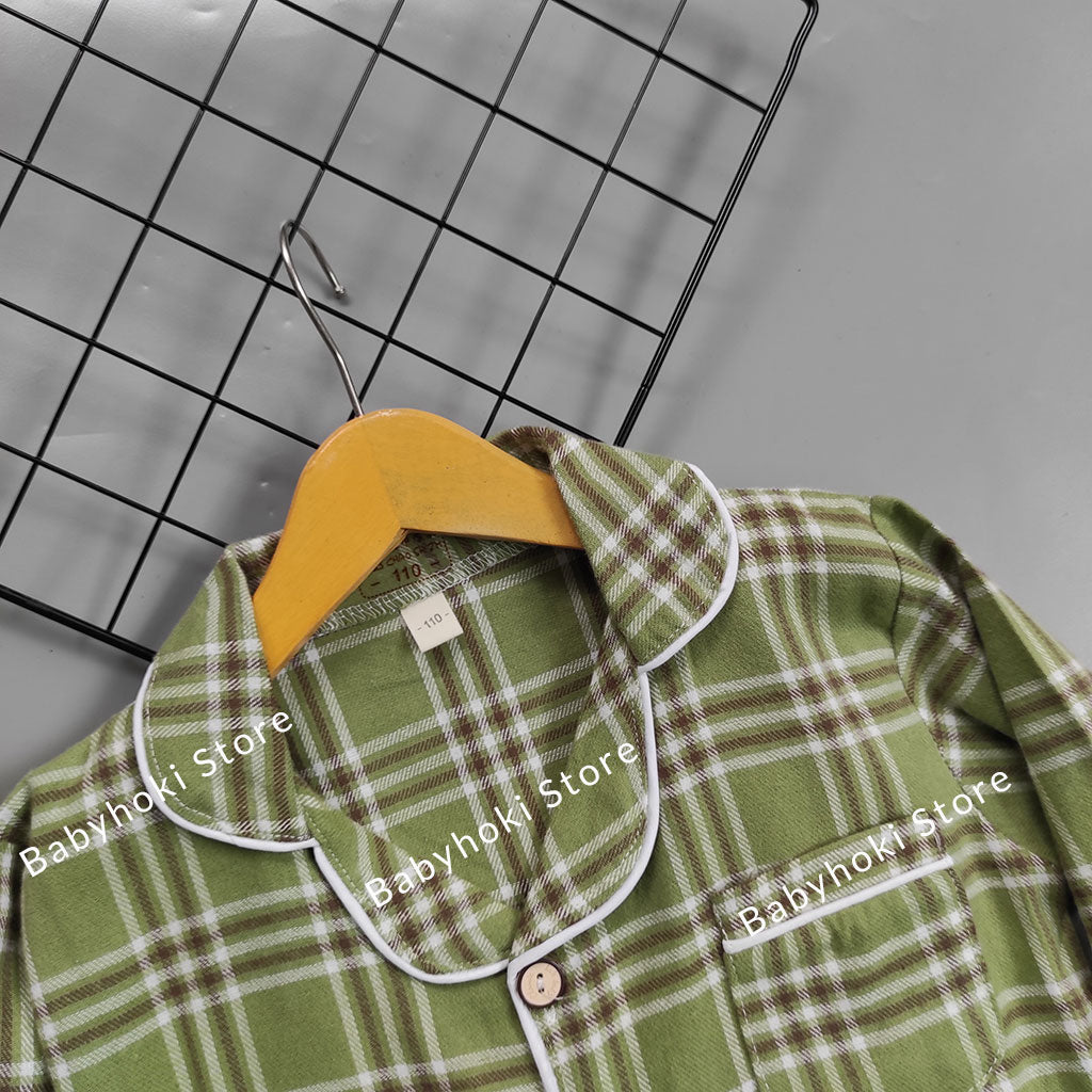 [225655-GREEN] - Baju Piyama Anak / Setelan Tidur Anak - Motif Tartan Plaid