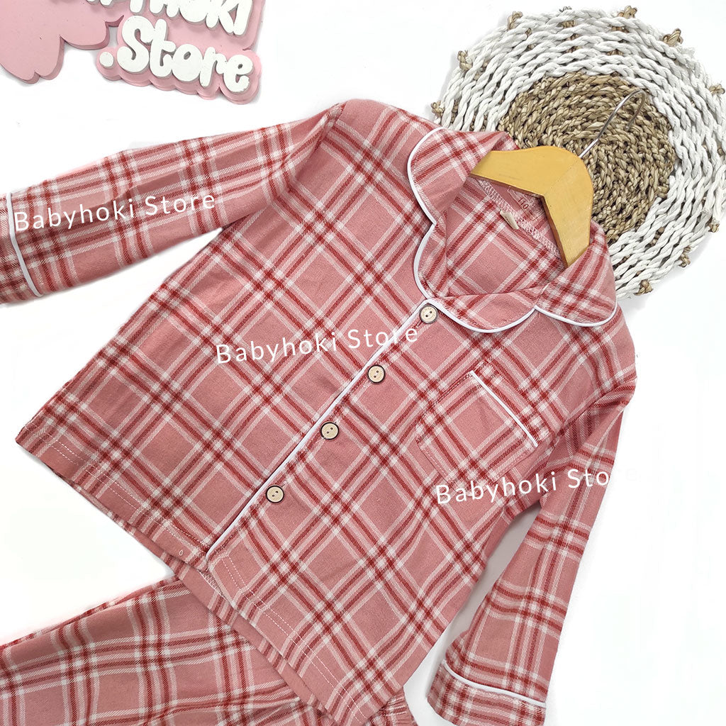 [225655-PINK] - Baju Piyama Anak / Setelan Tidur Anak - Motif Tartan Plaid