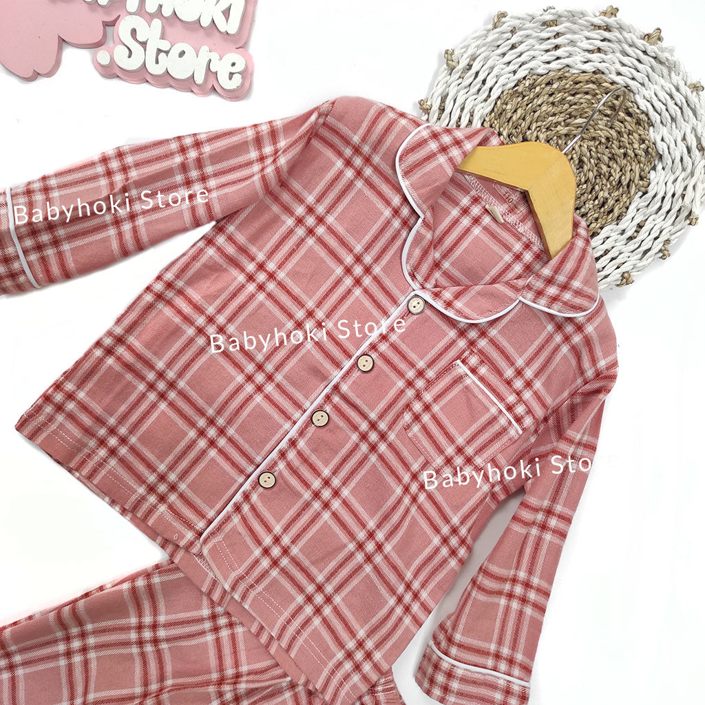 [225655-PINK] - Baju Piyama Anak Import / Setelan Tidur Anak - Motif Tartan Plaid