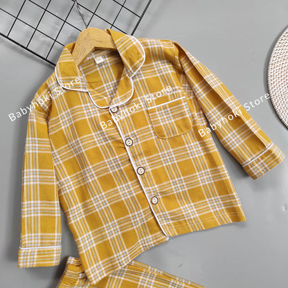 [225655-YELLOW] - Baju Piyama Anak Import / Setelan Tidur Anak - Motif Tartan Plaid