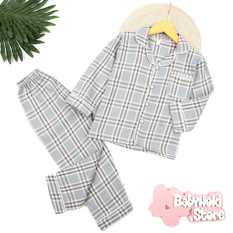 [225655-BLUE GRAY] - Baju Piyama Anak / Setelan Tidur Anak - Motif Tartan Plaid