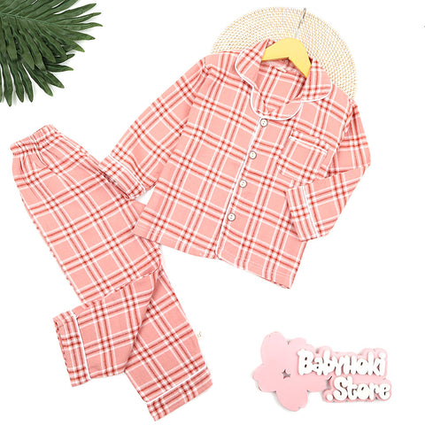 [225655-PINK] - Baju Piyama Anak / Setelan Tidur Anak - Motif Tartan Plaid