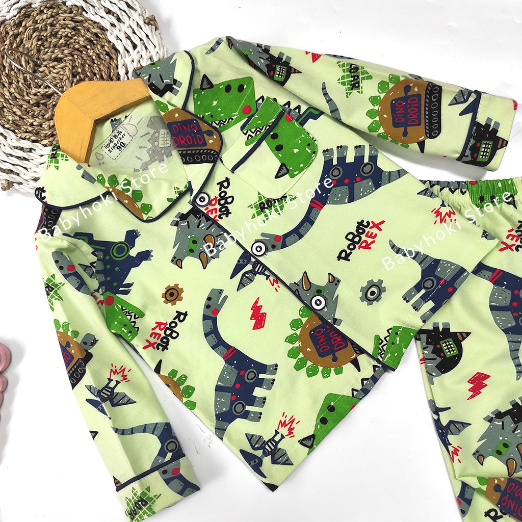 [225656-LIGHT GREEN] - Baju Piyama Anak Import / Setelan Tidur Anak - Motif Robot Rex