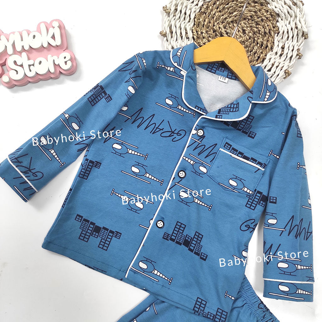 [225691] - Baju Piyama Anak Import / Setelan Tidur Anak - Motif City Helicopters