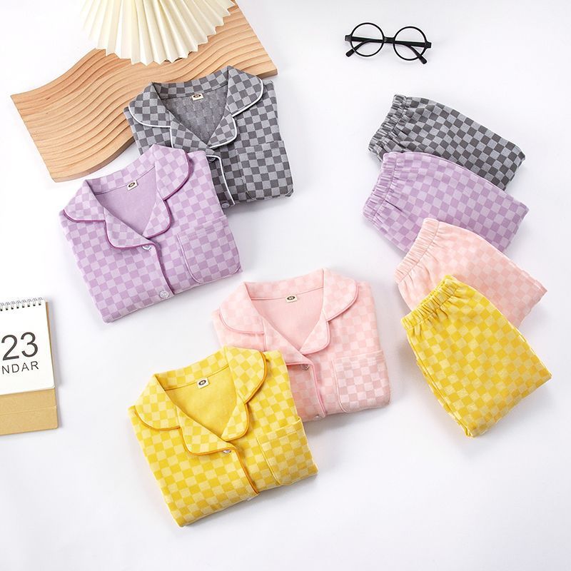 [225815-YELLOW] - Setelan Baju Tidur Piyama Kemeja Import Anak Cowok Cewek - Motif Chess Box