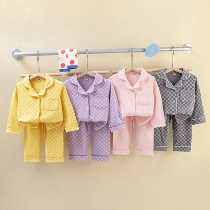 [225815-YELLOW] - Setelan Baju Tidur Piyama Kemeja Import Anak Cowok Cewek - Motif Chess Box